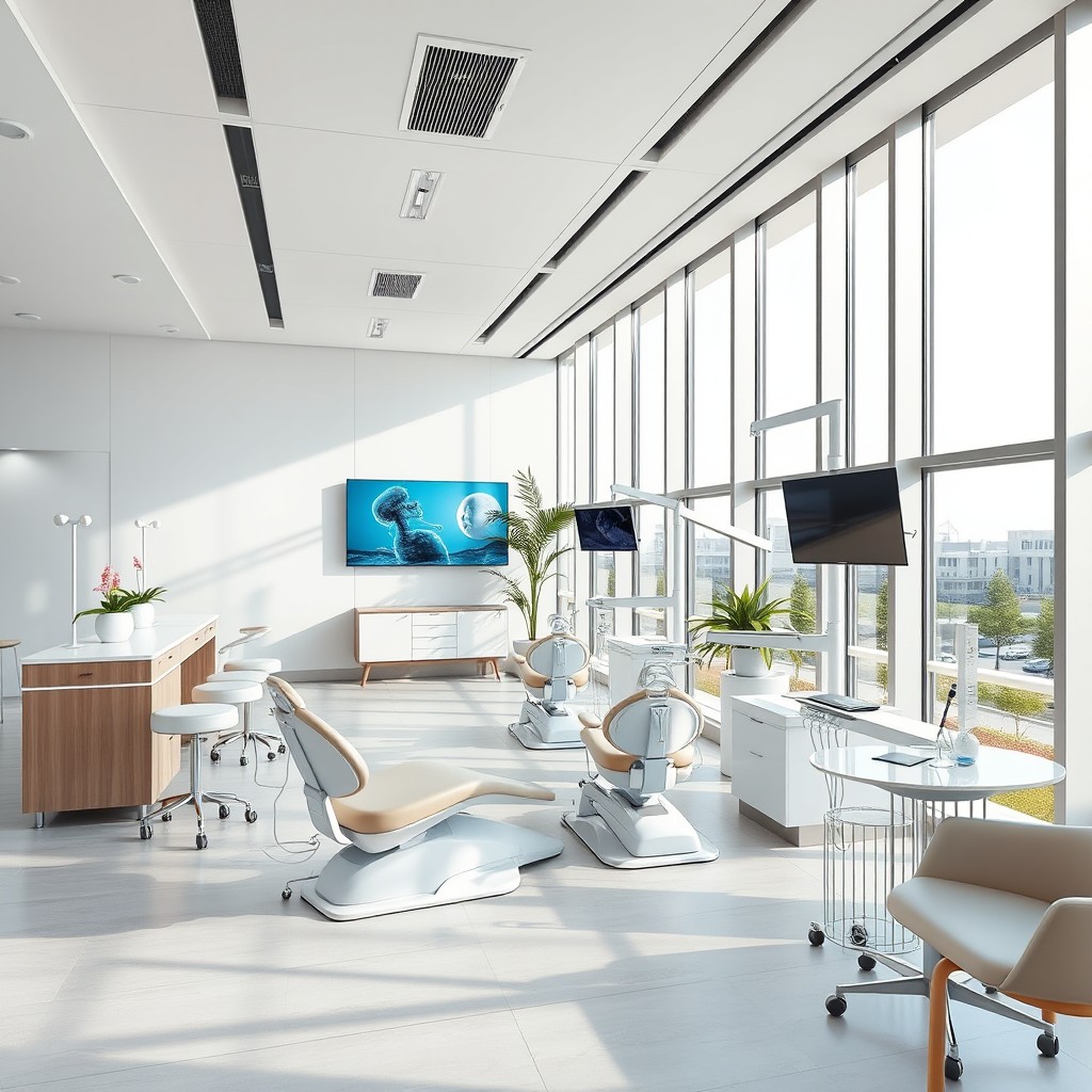 A modern dental clinic design featuring a sleek, contemporary aesthetic