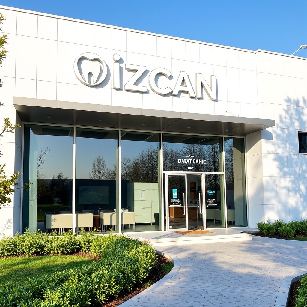 A modern dental clinic building featuring the name 'ÖZCAN' prominently displayed on the exterior wall