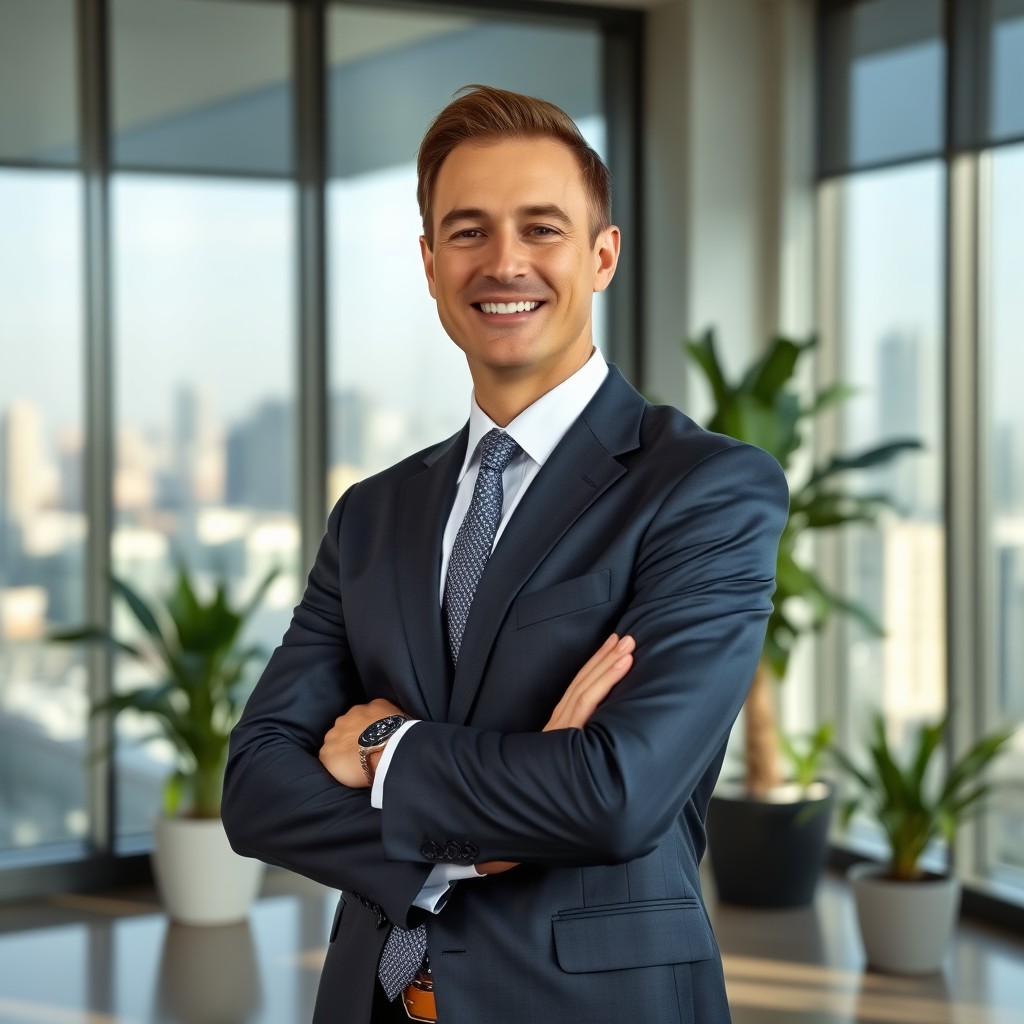 A poised and confident business professional standing in an elegant office space, dressed in a tailored dark suit with a crisp white shirt and a subtle patterned tie
