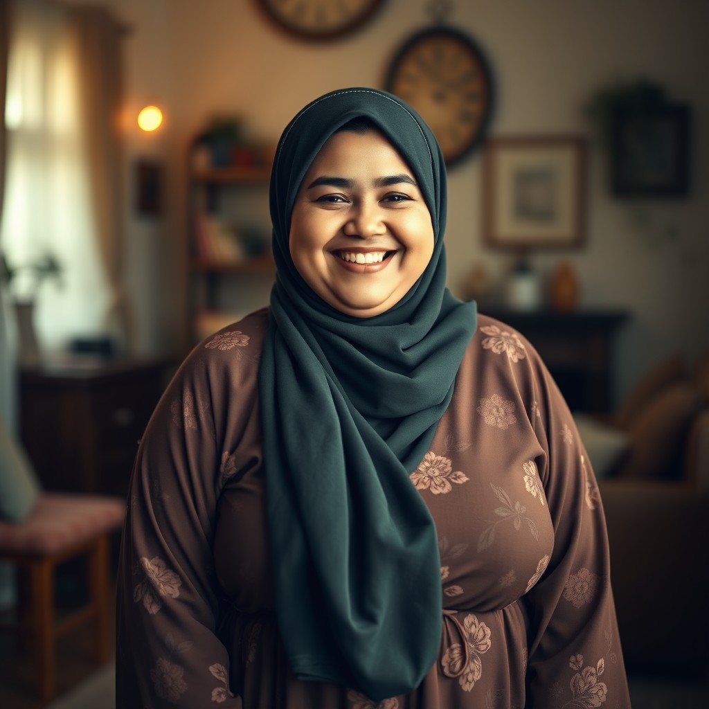 A chubby white woman with a bright happy smile, wearing a dark green hijab and a long flower-patterned brown gown