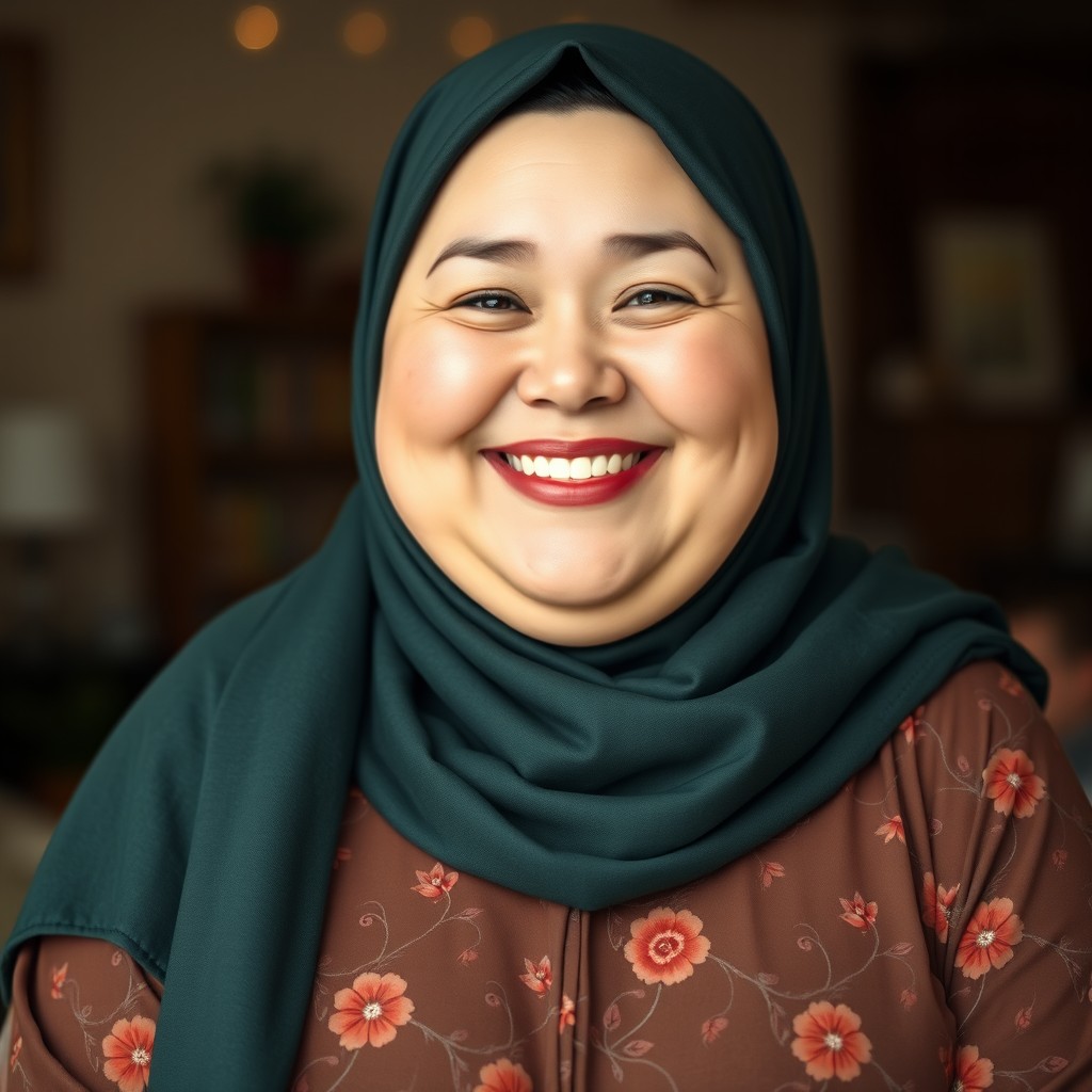 A chubby white woman with a bright happy smile, wearing a dark green hijab and a long flower-patterned brown gown