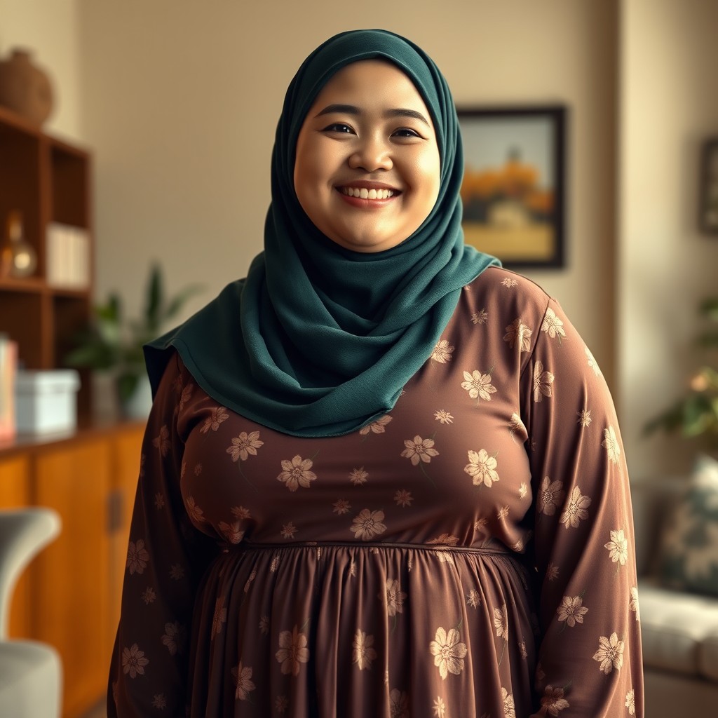 A chubby white woman with a bright happy smile, wearing a dark green hijab and a long flower-patterned brown gown