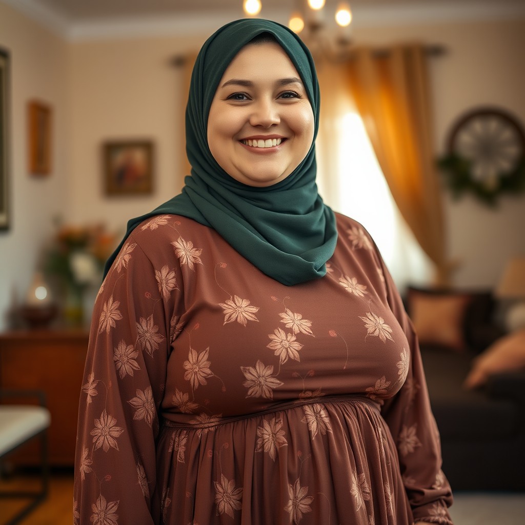 A chubby Russian woman with a bright happy smile, wearing a dark green hijab and a long flower-patterned brown gown