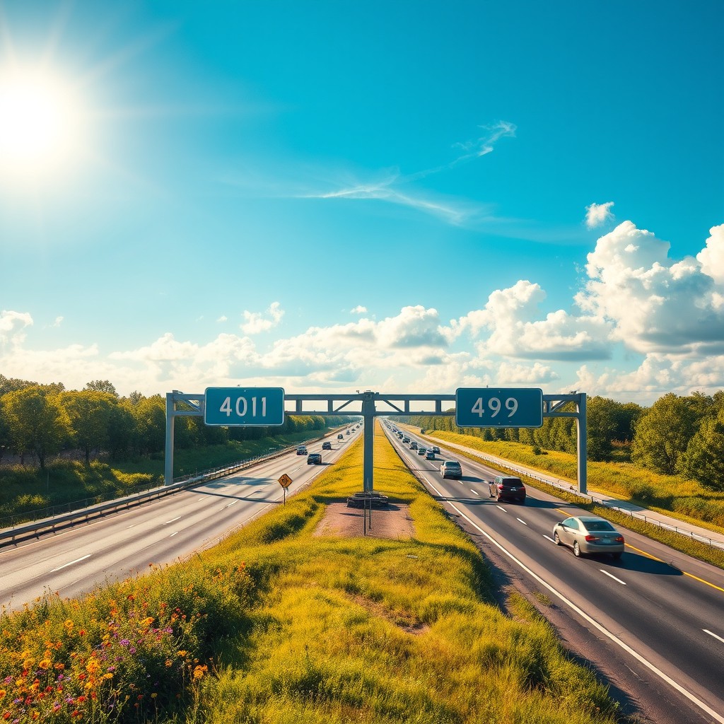 A dramatic and vibrant scene depicting the unification of two interconnected roads, labeled 401 and 494, symbolizing harmony and connection