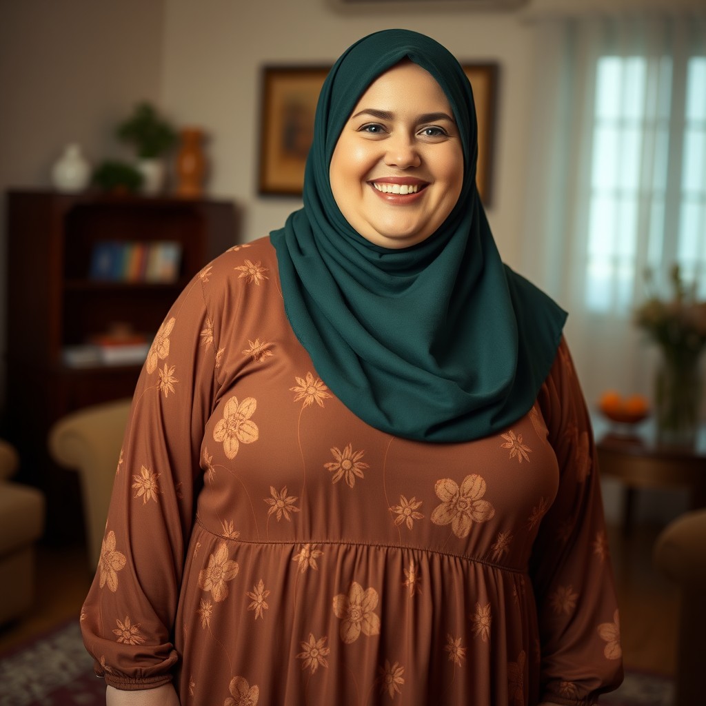 A chubby Russian woman with a bright happy smile, wearing a dark green hijab and a long flower-patterned brown gown