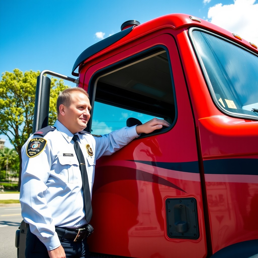 A police officer in a crisp uniform standing next to a large truck, leaning slightly to speak to the driver through the window