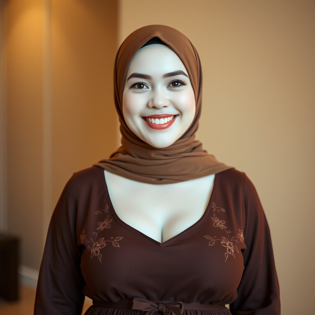A Muslim woman wearing a brown hijab with a round face, clean and bright white skin, and a curvy body with a large bust