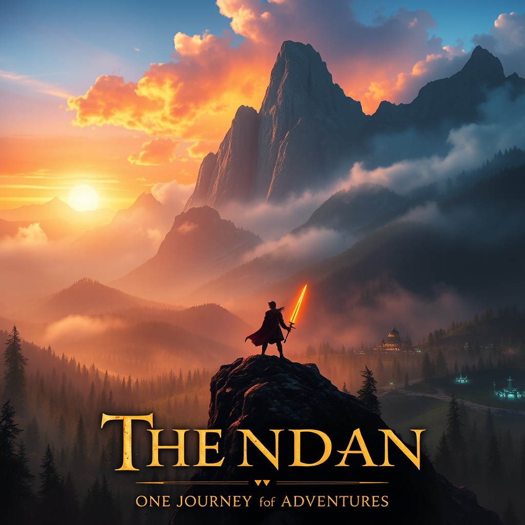 Movie poster featuring a breathtaking fantasy landscape, with towering mountains shrouded in mist, a vibrant sunset casting warm colors across the sky