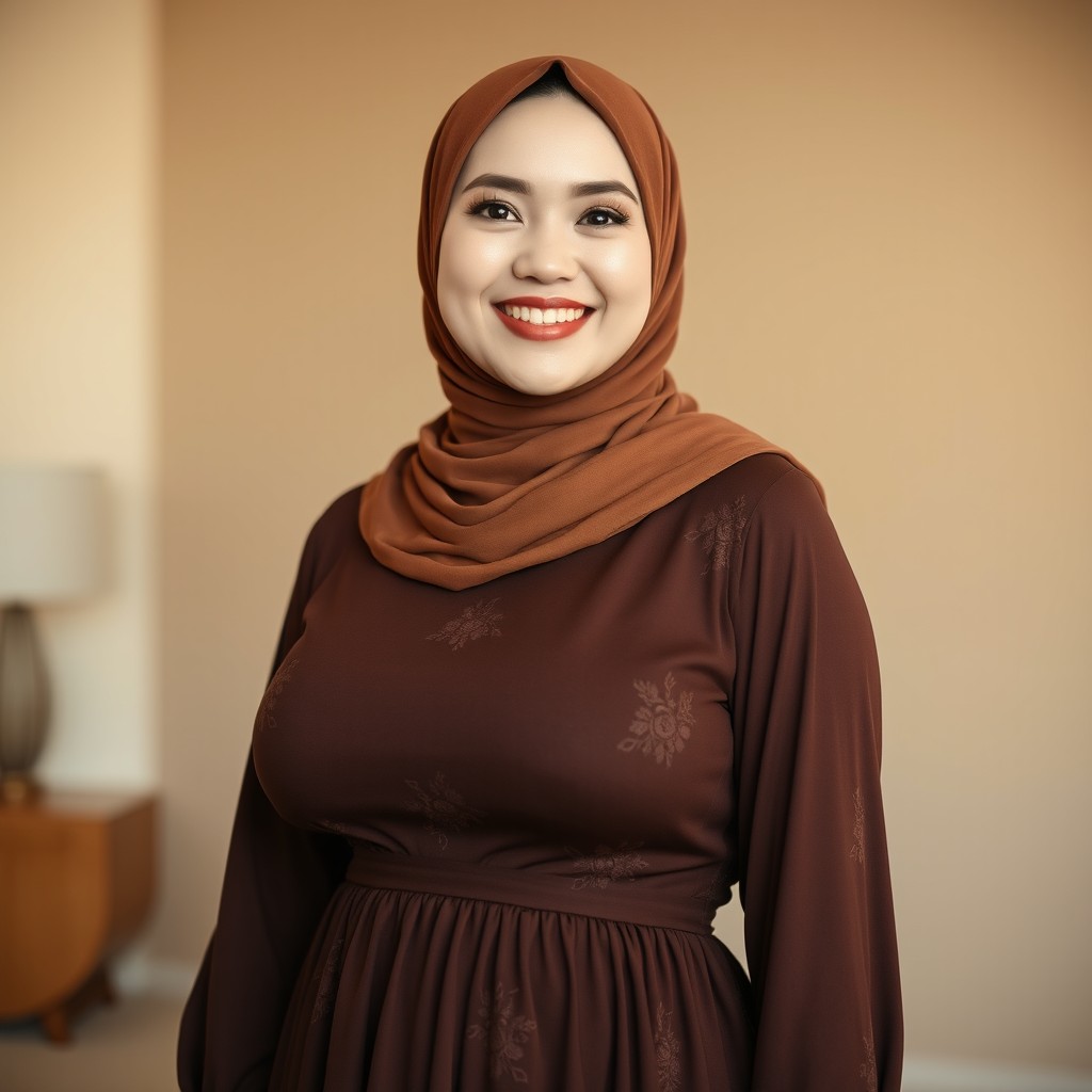 A Muslim woman wearing a brown hijab with a round face, clean and bright white skin, and a curvy body with a large bust