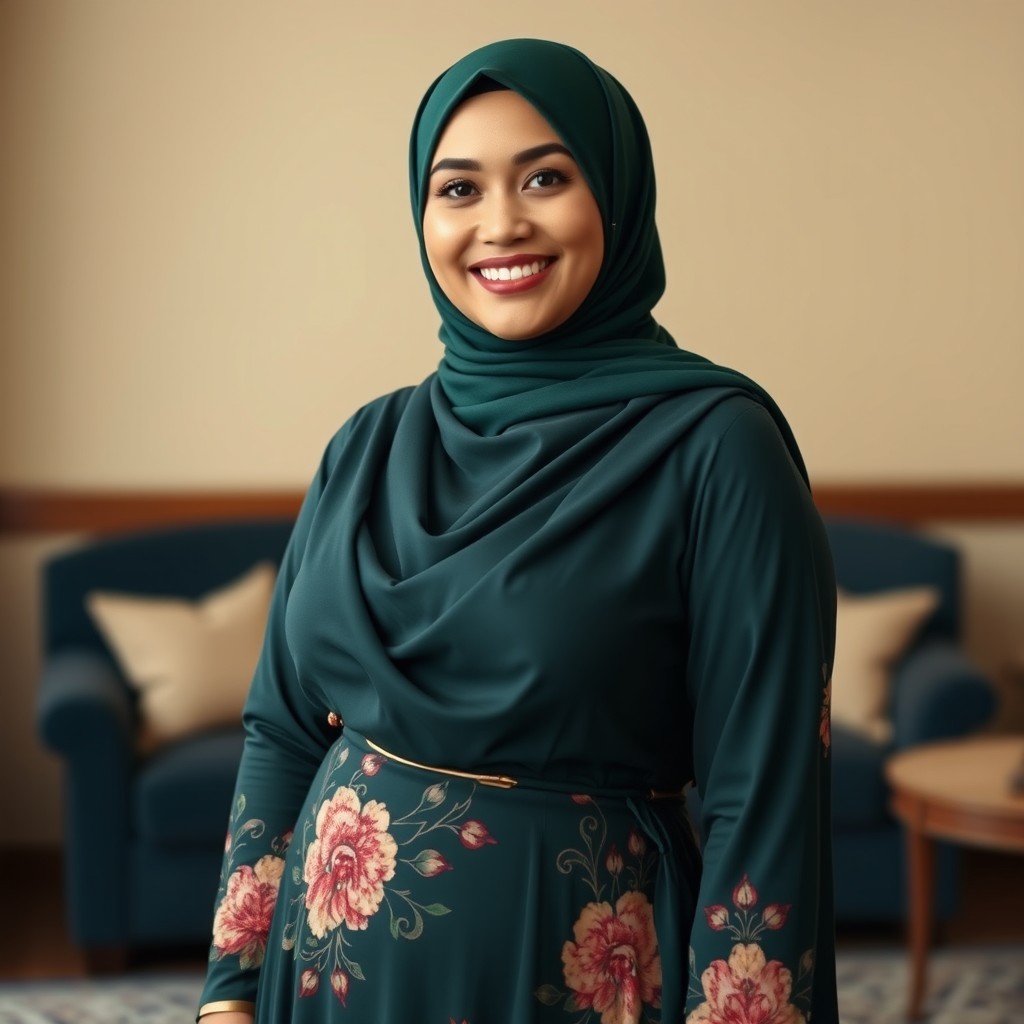 A Muslim woman wearing a dark green hijab, with a round face, natural bright skin (not overly pale), and a curvy body with a large bust size of 80