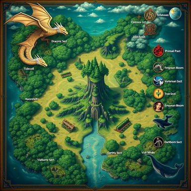 An intricate fantasy map representing The Nine Divine Sects with the lush and mystical Jade Forest at the center