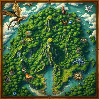 An intricate fantasy map representing The Nine Divine Sects with the lush and mystical Jade Forest at the center