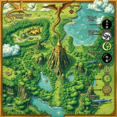 An intricate fantasy map representing The Nine Divine Sects with the lush and mystical Jade Forest at the center