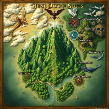 An intricate fantasy map representing The Nine Divine Sects with the lush and mystical Jade Forest at the center