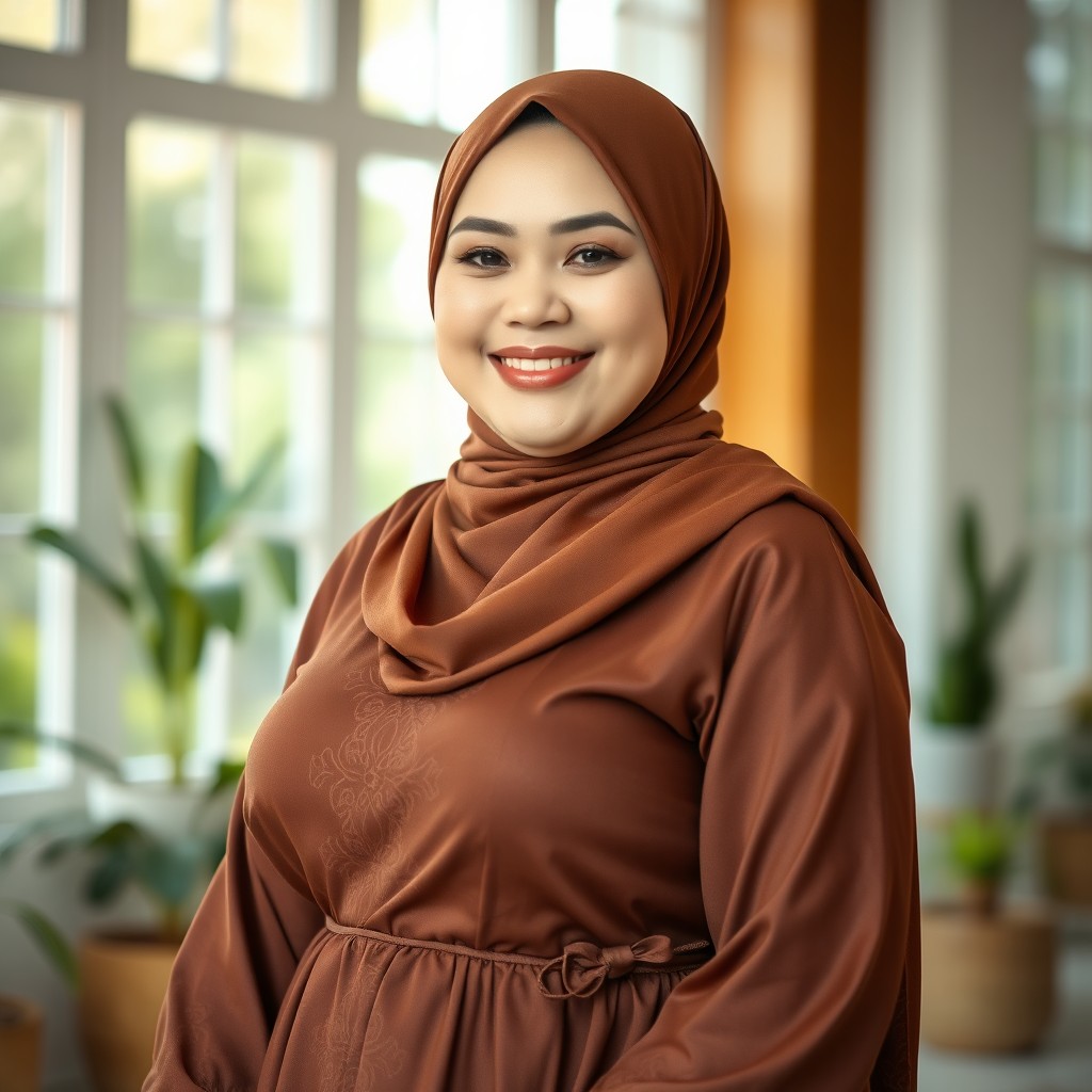 A Muslim woman wearing an elegant brown hijab, with a round face, chubby cheeks, and bright natural white skin (not pale), showcasing a plump body with a large bust size of 80