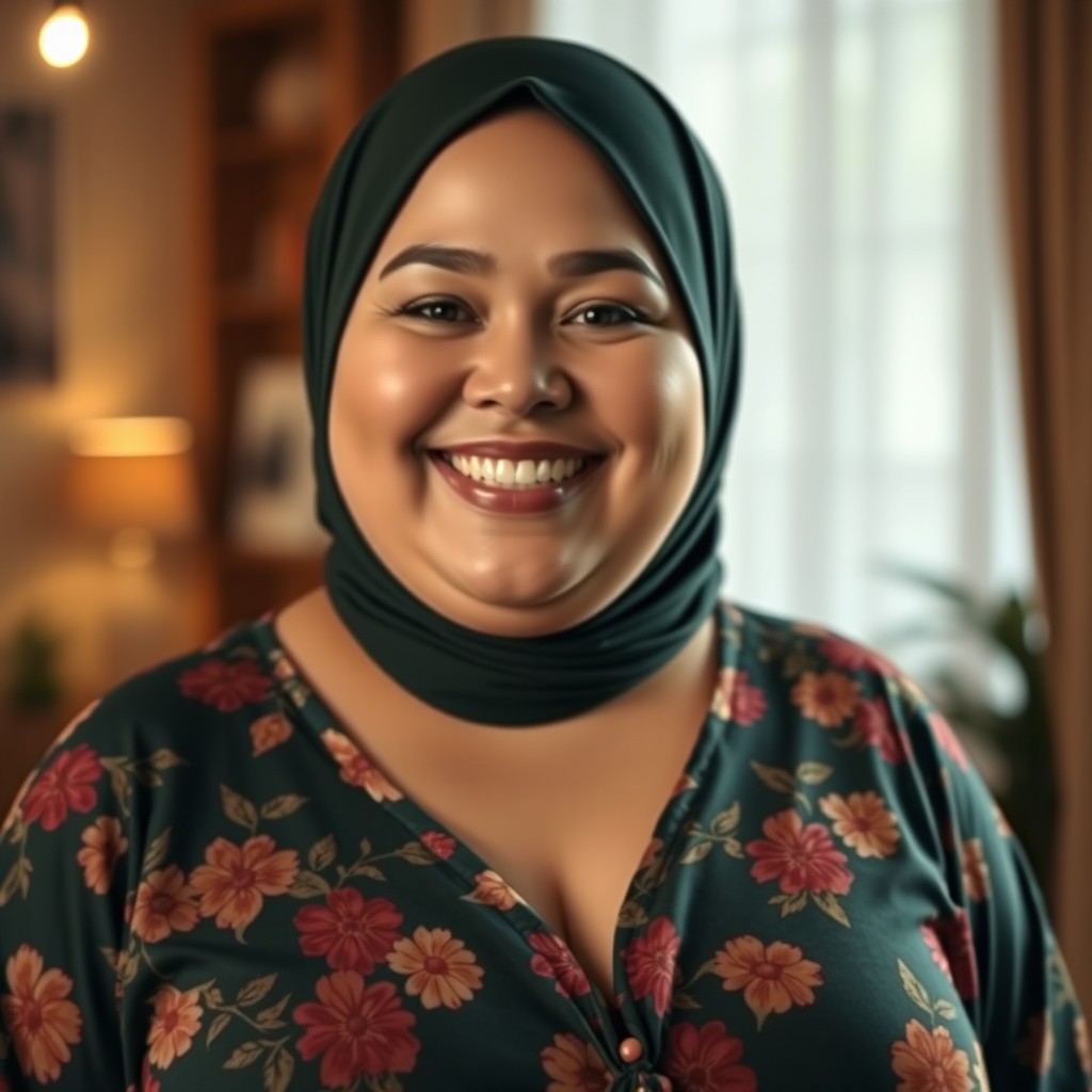 A plus-sized woman with bright, happy smile and natural white skin