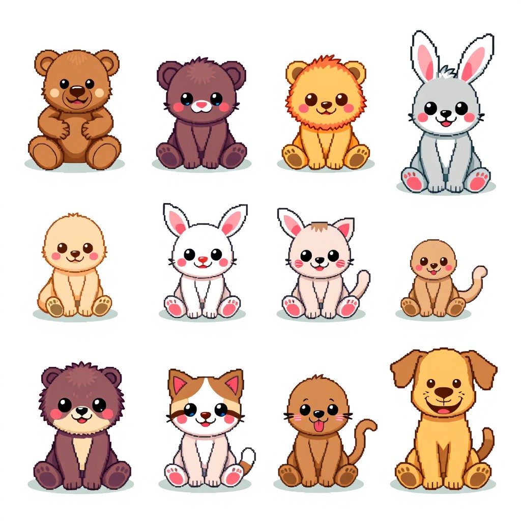 A spritesheet featuring cute, pixelated plush animals sitting down