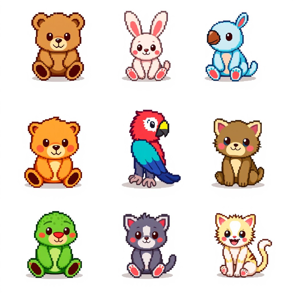 A collection of adorable pixel art sprites featuring various plush animal characters, each sitting in cute poses