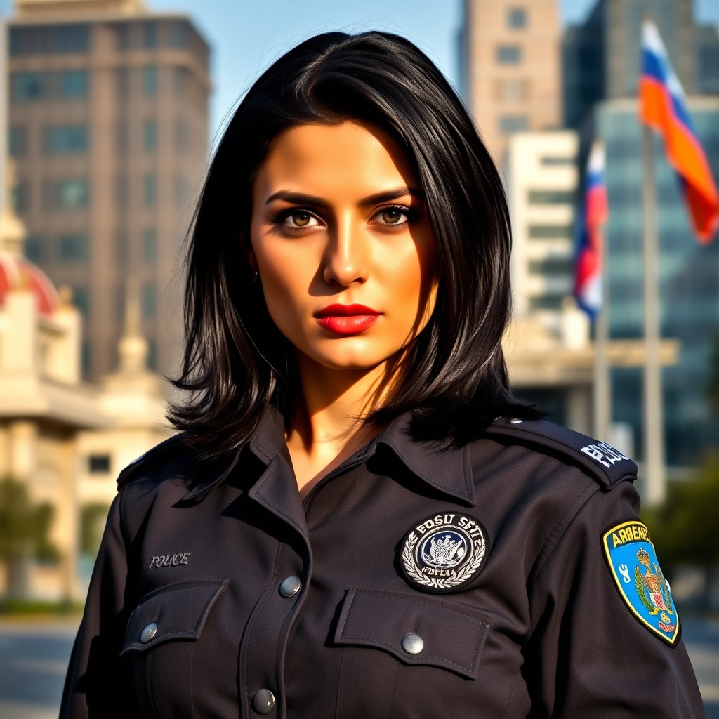 A striking portrait of an Armenian woman police officer in her uniform with a badge, standing confidently in an urban setting