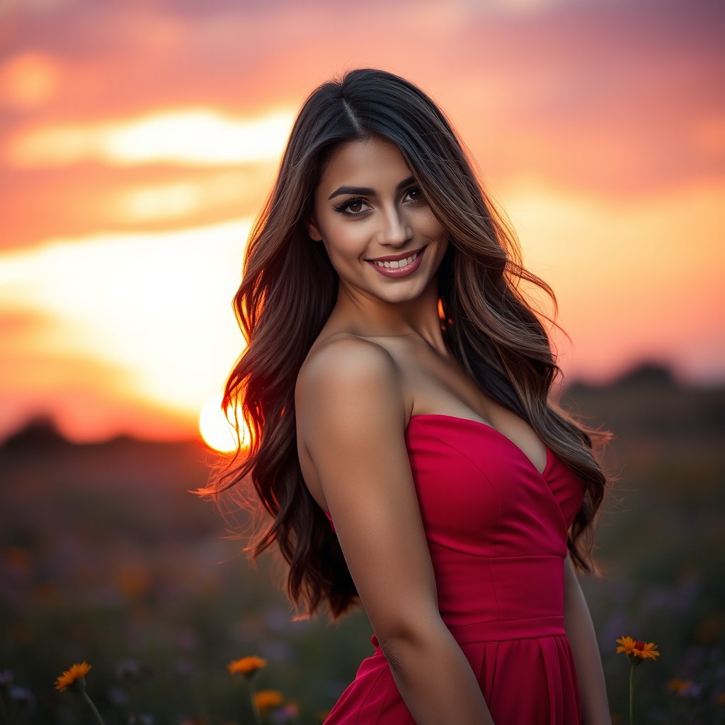 A stunning portrait of a woman with long flowing hair, deep brown eyes, and a radiant smile