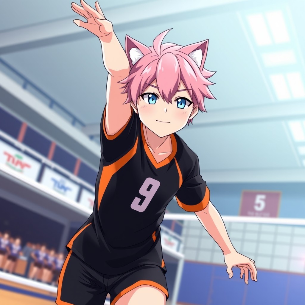 A custom character (OC) from Haikyuu, featuring a boy with pink hair styled in a trendy way and striking blue cat-like eyes