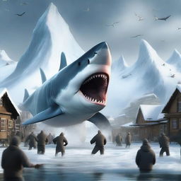 This is a dramatic digital art image of a colossal Megalodon shark, its teeth bared, attacking a quaint Arctic village