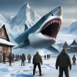 This is a dramatic digital art image of a colossal Megalodon shark, its teeth bared, attacking a quaint Arctic village