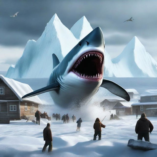 This is a dramatic digital art image of a colossal Megalodon shark, its teeth bared, attacking a quaint Arctic village