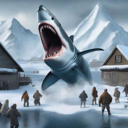 This is a dramatic digital art image of a colossal Megalodon shark, its teeth bared, attacking a quaint Arctic village