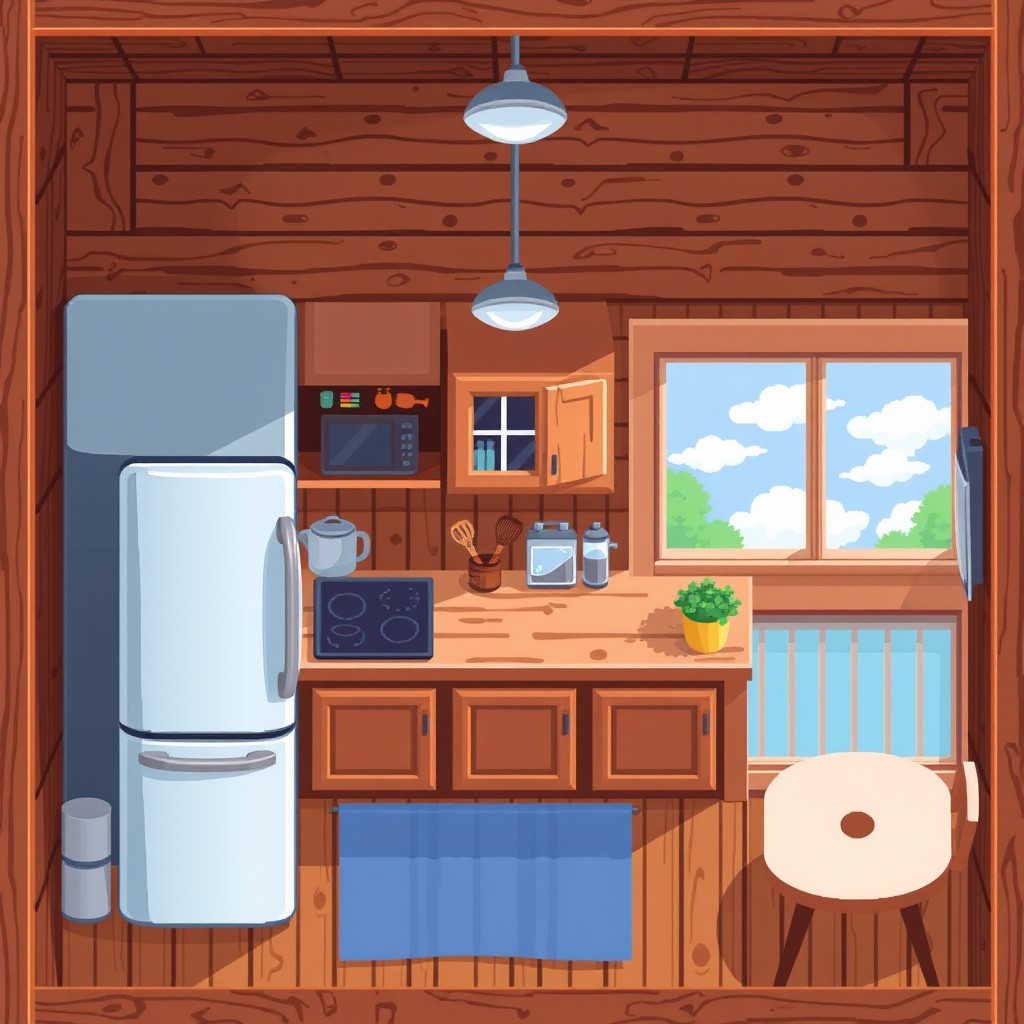 A top-down view of a wooden kitchen featuring a stylish refrigerator, various kitchen cabinets, and a large window offering a view outside