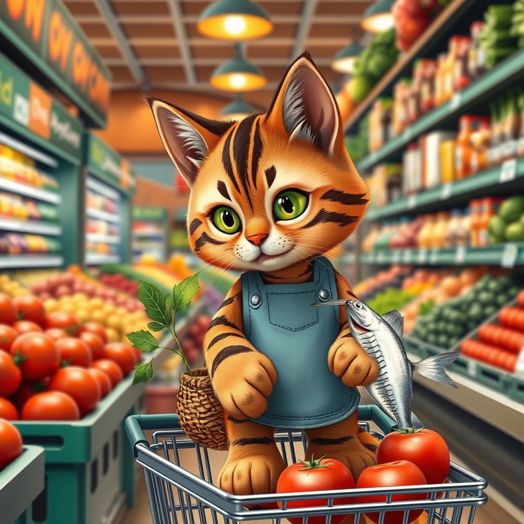 A charming scene inside a bustling grocery store featuring a cute, anthropomorphic tabby cat with warm brown fur and distinctive dark stripes