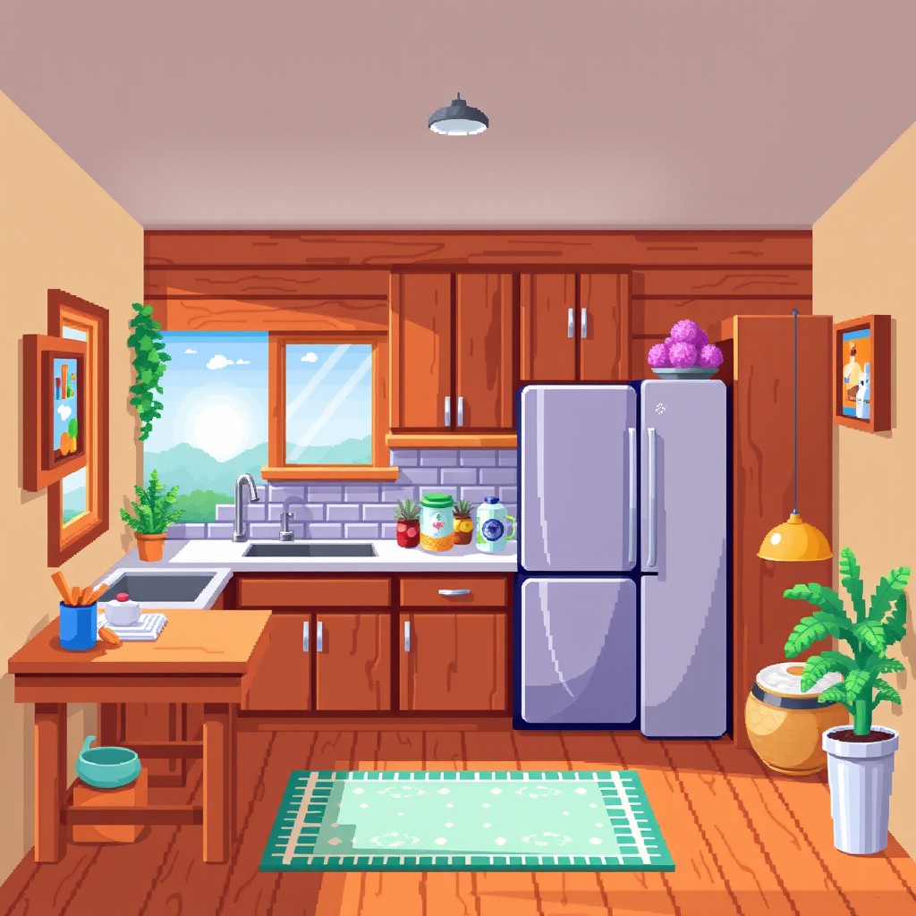 A pixel art spritesheet showcasing a wooden kitchen