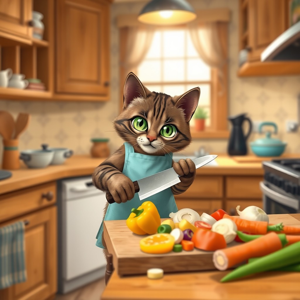 Inside a cozy, well-lit kitchen with warm wooden countertops and a cheerful atmosphere, the adorable anthropomorphic tabby cat with brown fur and dark stripes is perched on a small stool beside the counter