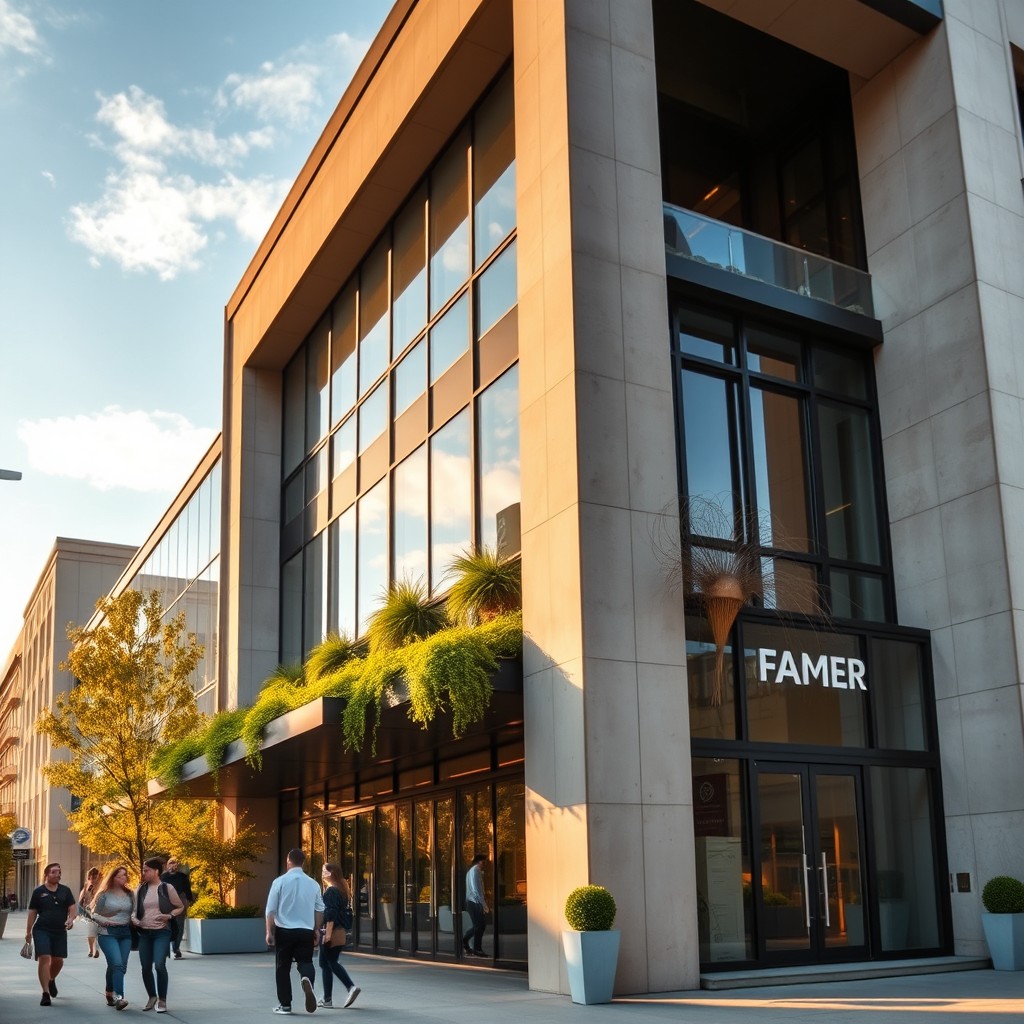 A stunning exterior view of a modern building, showcasing sleek architectural lines, large glass windows reflecting the sky, and a harmonious blend of materials like concrete and metal