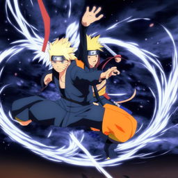 Anime characters Naruto Uzumaki and Kurama (Nine-Tails Fox) in a dynamic, action-packed pose.