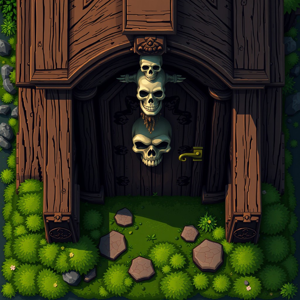 A top-down view of a wooden mausoleum featuring a decorative skull