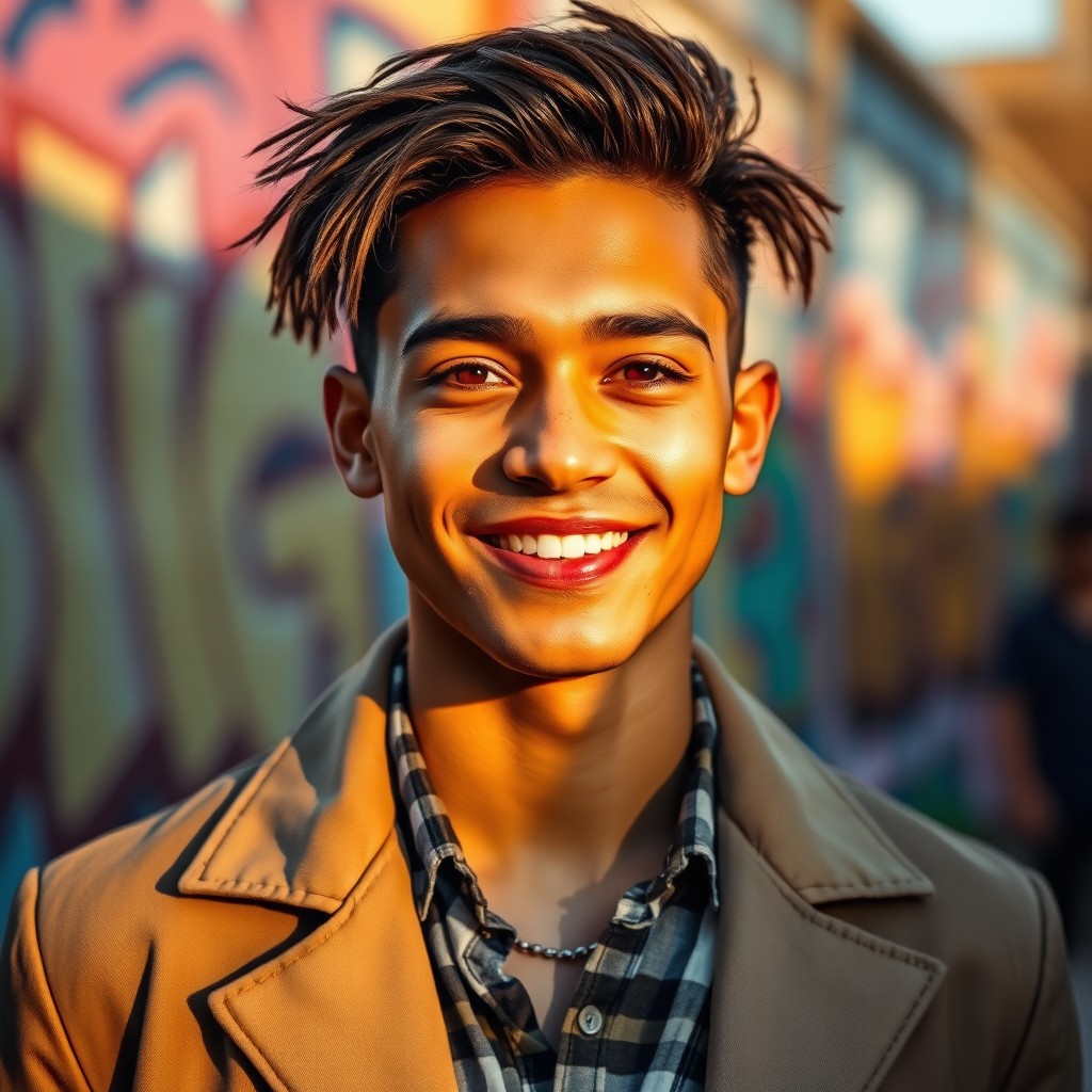 A vibrant portrait of a young man, showcasing his charismatic smile and expressive eyes