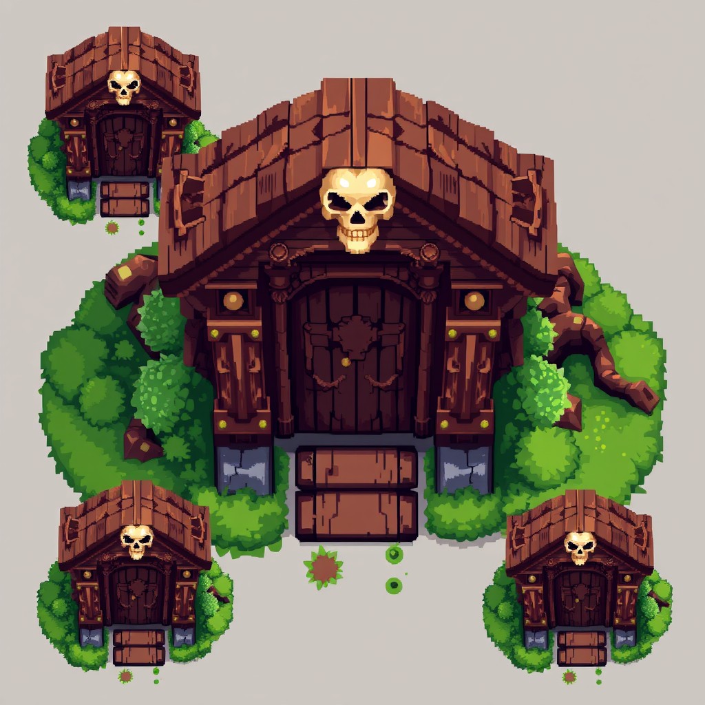 A pixel art spritesheet featuring a wooden mausoleum with an ornate skull as a decorative element