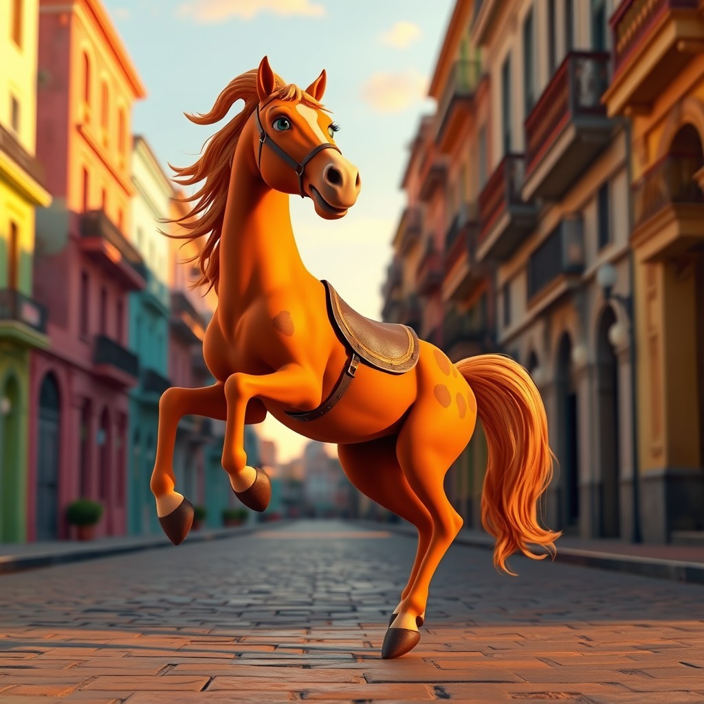 A 3D animated scene featuring a slim orange war horse with caramel spots, standing on its hind legs in a vibrant setting of Old Havana