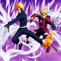 Anime characters Naruto Uzumaki and Kurama (Nine-Tails Fox) in a dynamic, action-packed pose.