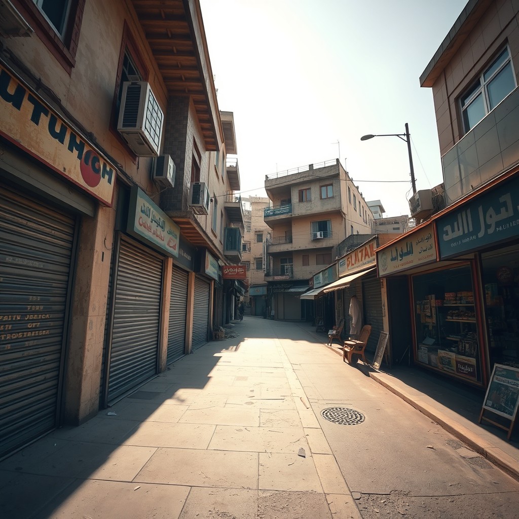 A wide-angle view of closed shops in the West Bank featuring a famous market