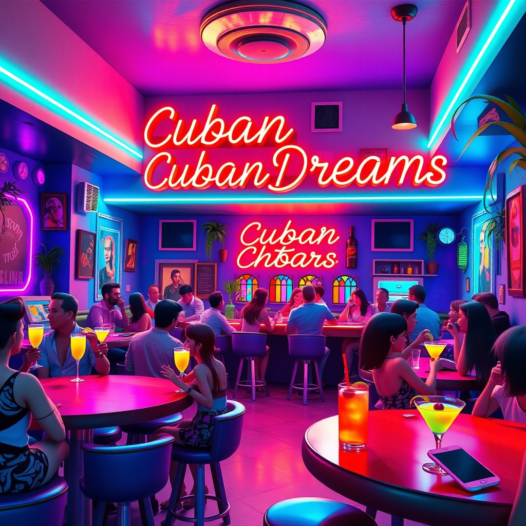 A vibrant 3D animated scene of a club bar in Havana named 'Cuban Dreams'