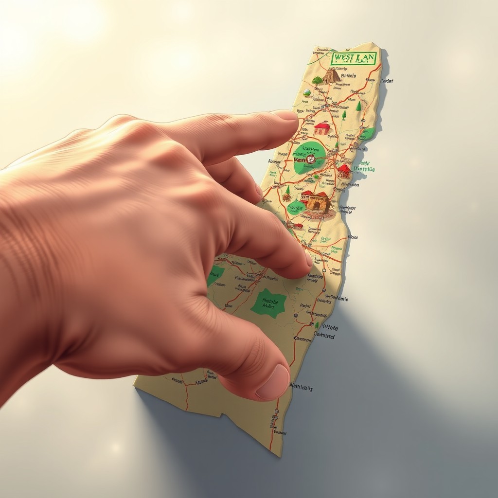 An imaginative illustration of a large, oversized hand pressing down on a map of the West Bank