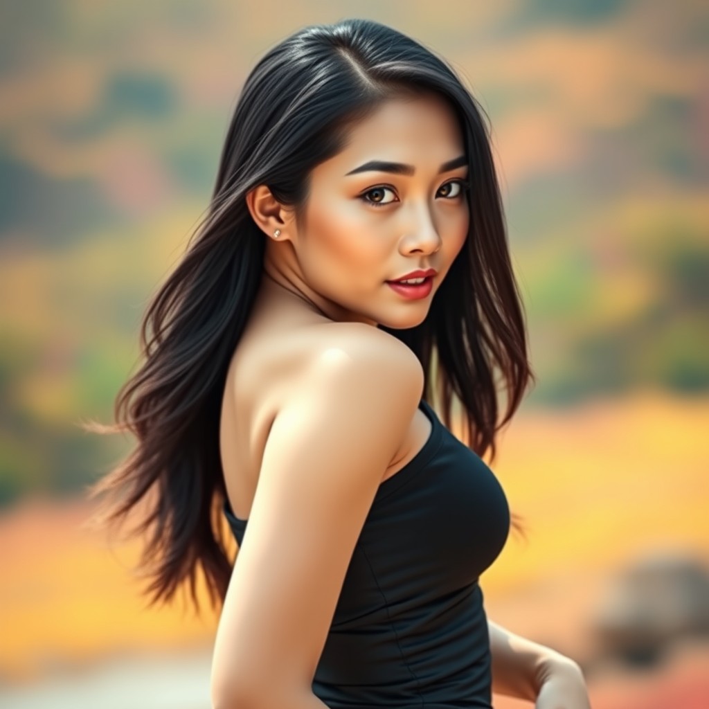 A beautiful Asian woman with a strong, voluptuous figure and attractive curves
