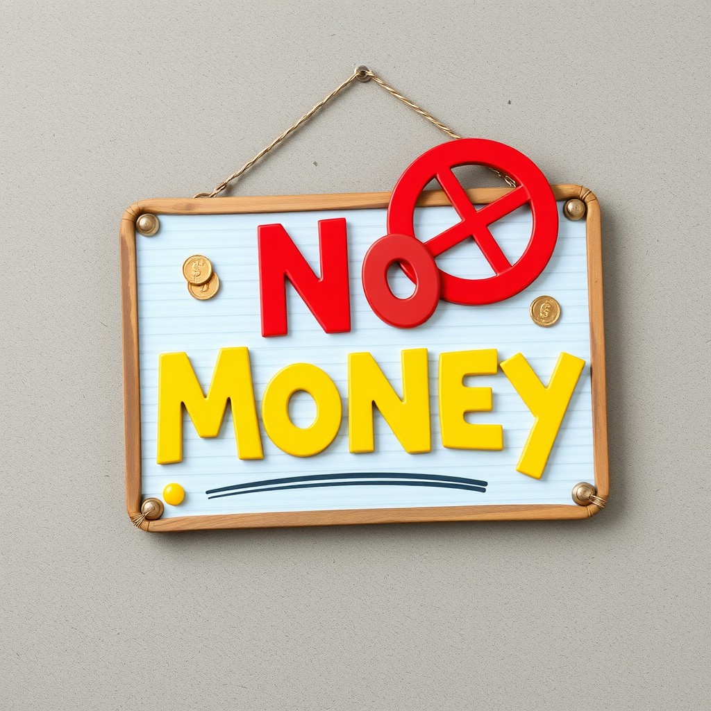 A creatively designed sign displaying the message 'No Money' prominently