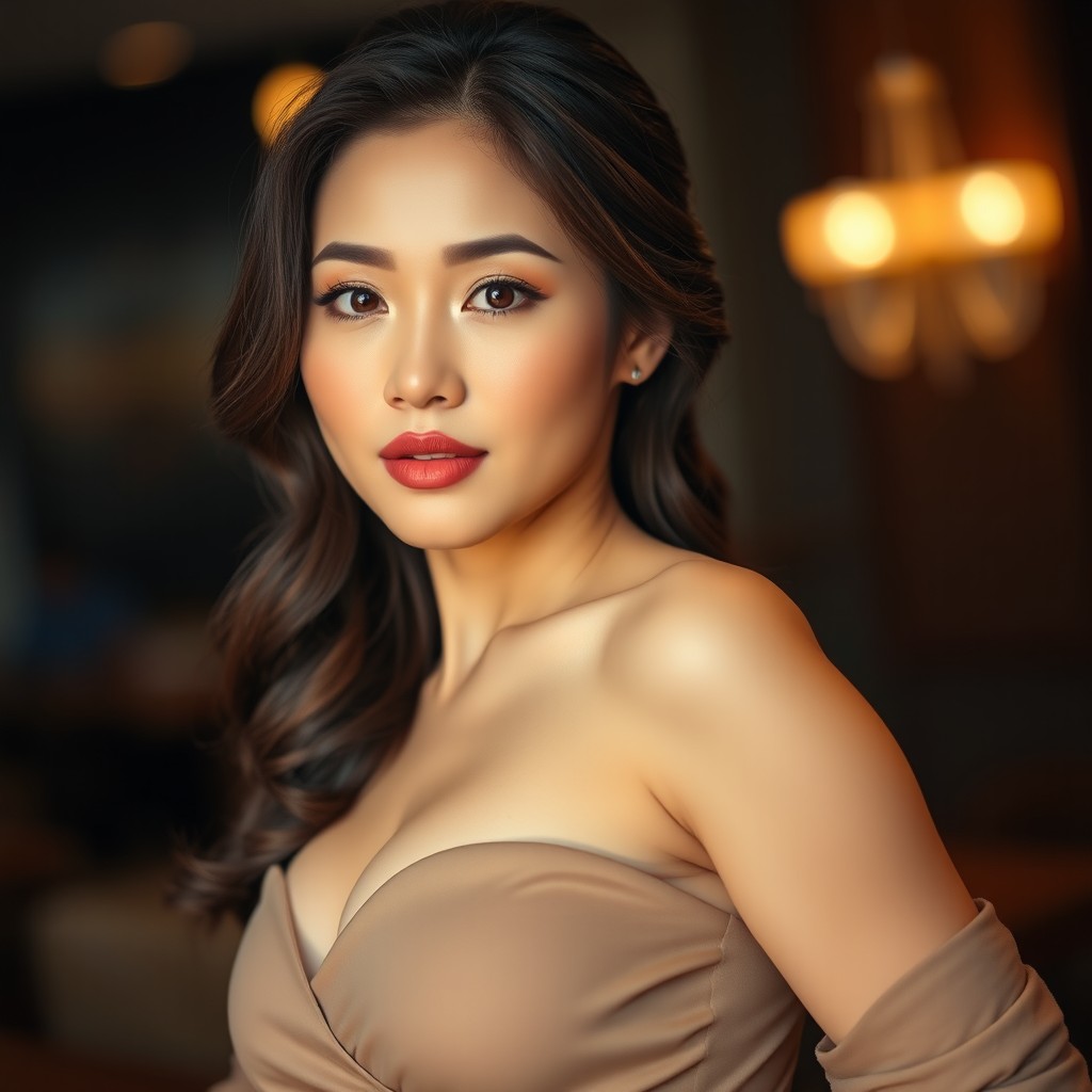 A beautiful Asian woman with a strong bosom and attractive curves, confidently poses in an elegant fashion