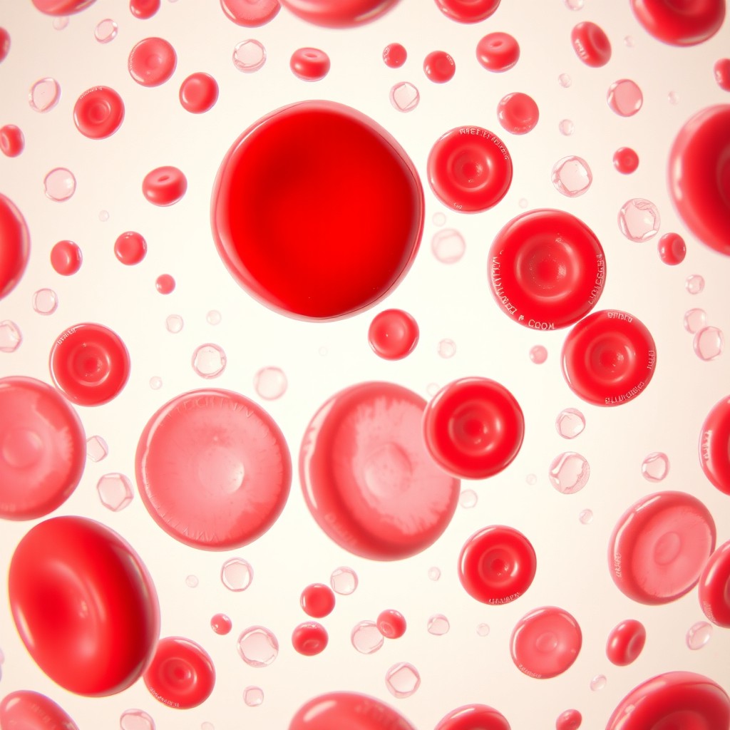 A detailed illustration of human blood cells under a microscope, showcasing red blood cells, white blood cells, and platelets