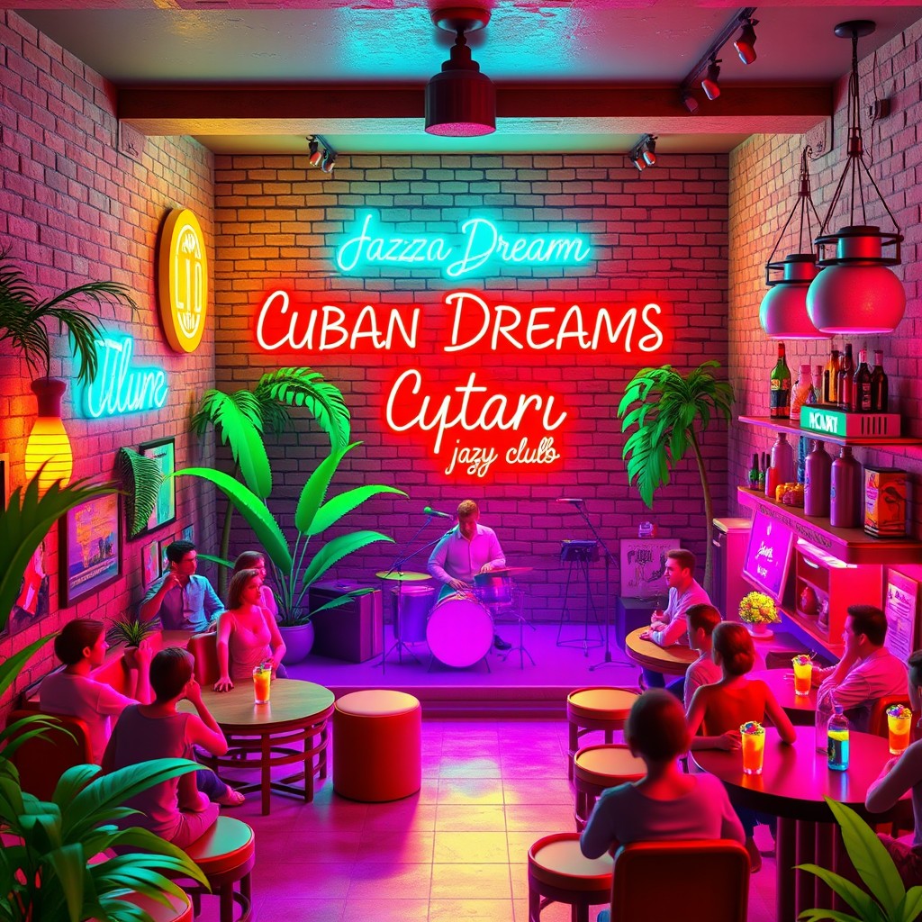 A vibrant 3D animated scene of a jazz club bar in Havana named 'Cuban Dreams'