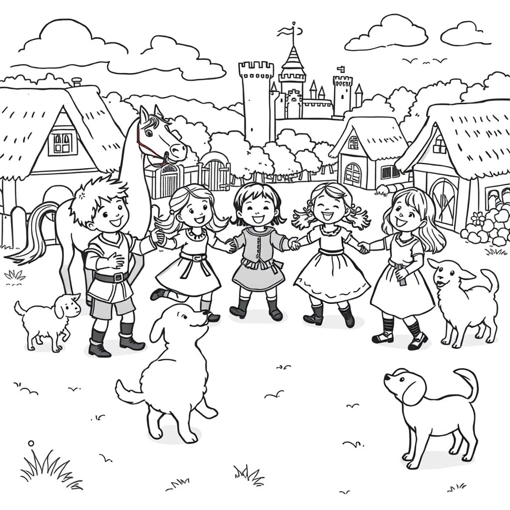 A whimsical scene featuring a group of happy children dancing with a variety of medieval animals, such as a horse, a sheep, and a friendly dog
