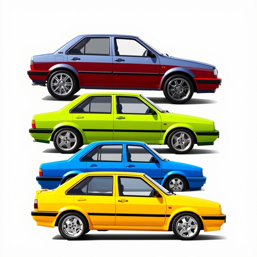 A Volkswagen Fox sedan model from 1990, partially facing left, angled front-facing view, with dynamic shadow effects
